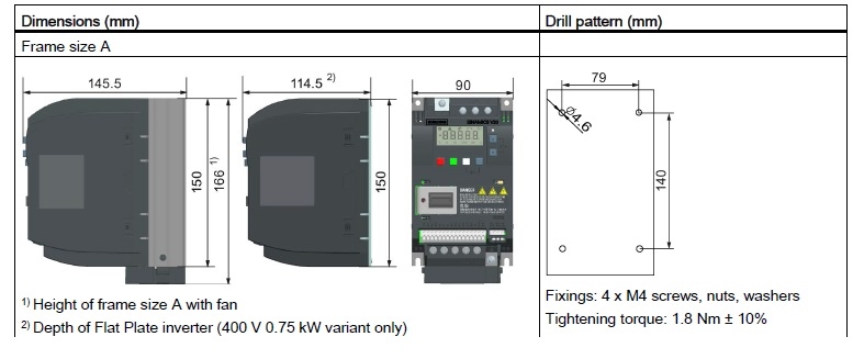 ابعاد اینورتر سه فاز 1.5KW زیمنس سری V20